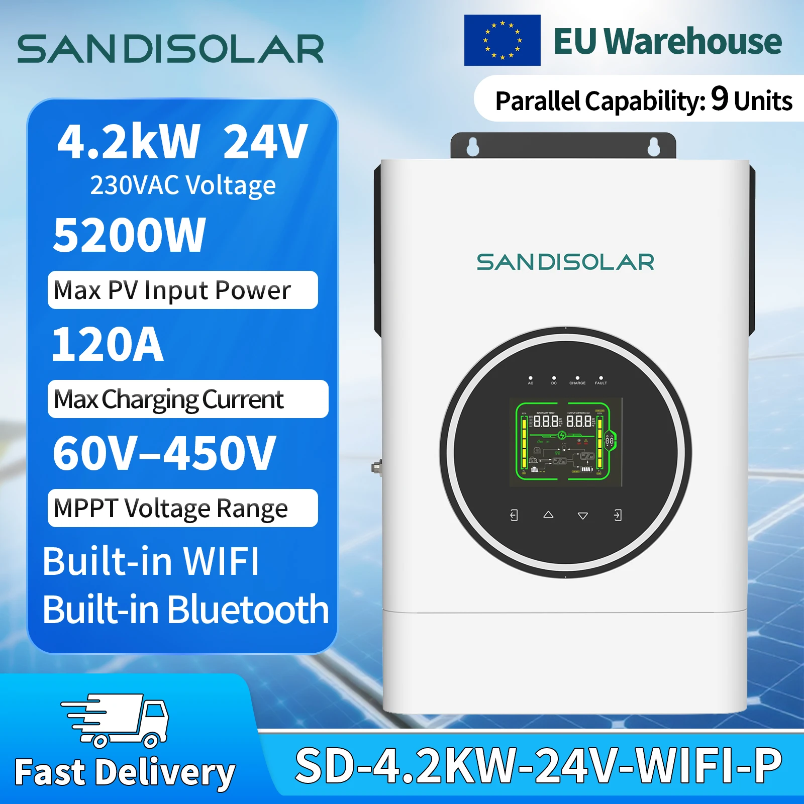 SANDISOLAR 4.2KW 4200W Hybrid Solar Inverter 24V 220V Off Grid Pure Sine Wave 120A MPPT 500VDC Dual Output WiFi Parallel Capable