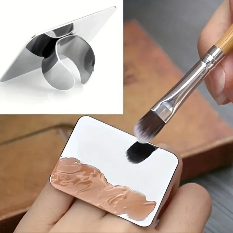 Finger Ring Stainless Steel Makeup Mixing Palette Smooth Surface Makeup Mixing Tray Nail Art Palet For Salon Bulk Makeup Supply