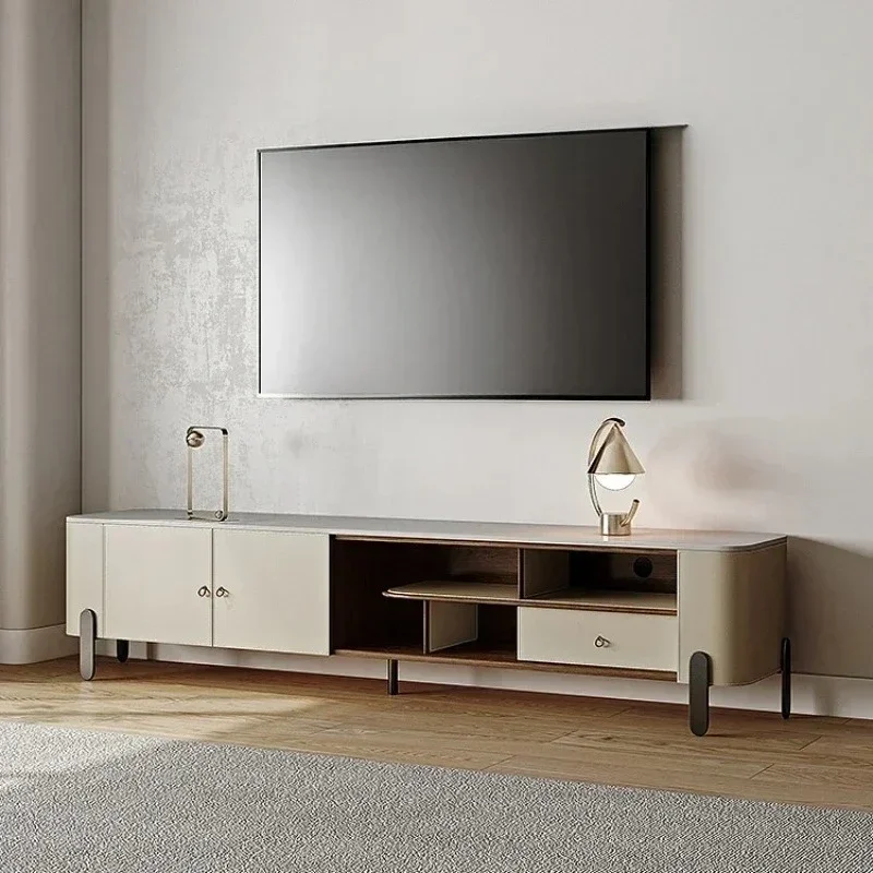 Solid Wood Saddle Leather TV Cabinet Italian Style Light Luxury Small Apartment Living Room French Retro Stone Plate