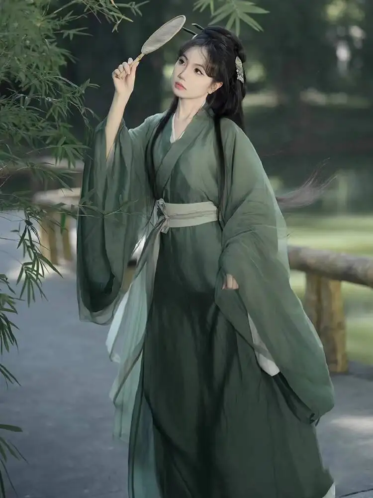 

Wei Jin Dynasty Style Hanfu Women's Green Cool Style Cross Collar Straight Hem Ru Skirt Petite Ancient Costume Warring States