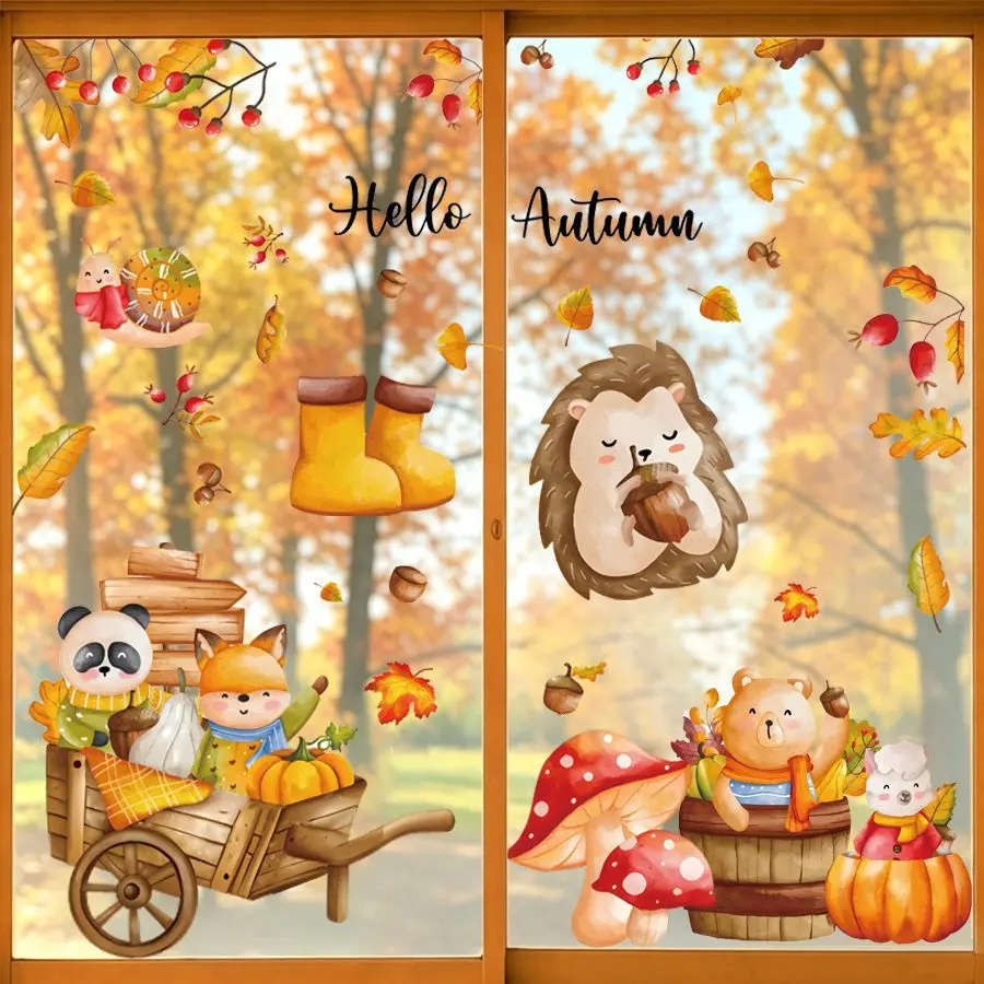 Warm Watercolor Autumn Animal Static Window Clings, Double‑Sided Same‑Color No‑Glue Fall Glass Sticker for Home Scene Decor