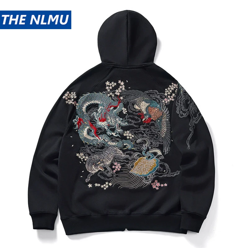2025 Autumn Hip Hop Zip Up Hoodie Jacket Y2K Tiger Chinese Dragon Embroidered Hooded Sweatshirt Coat Harajuku Cotton Streetwear