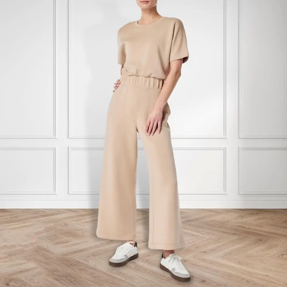 T-shirt Jumpsuit Stylish Summer Women's Jumpsuit with O Neck Short Sleeves Elastic Waist Wide Leg Ankle Length Solid Color