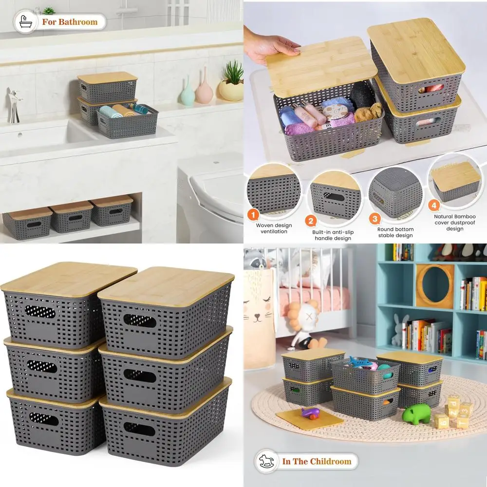 

Gray Stackable Plastic Storage Baskets with Bamboo Lid - 6 Pack, Ideal for Home, Office, and Classroom Organization