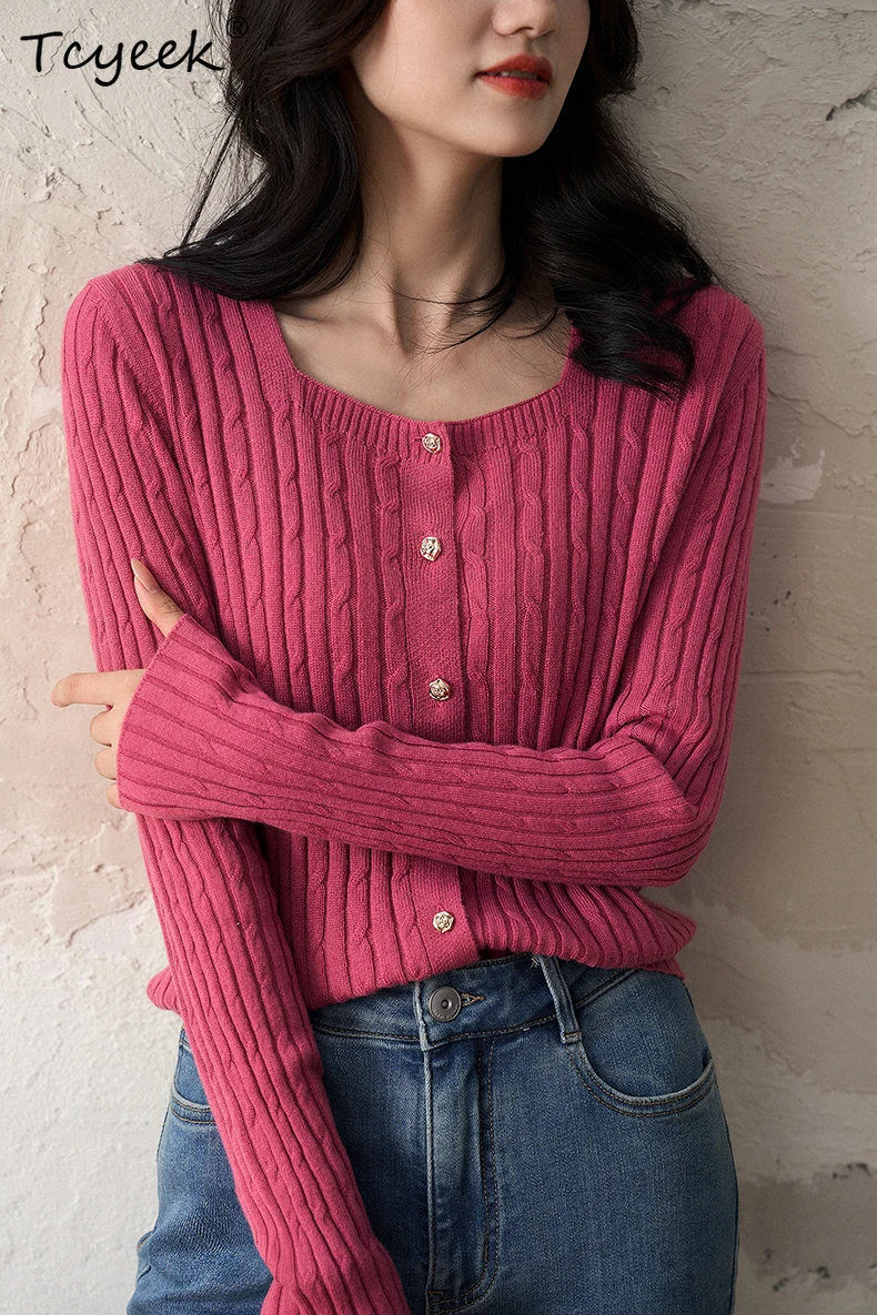 

Tcyeek-Organic Cashmere Cardigan for Women, Square Collar, Twisted Jacket, Warm Top, Autumn Winter Fashion, 90% Wool, C49317QM