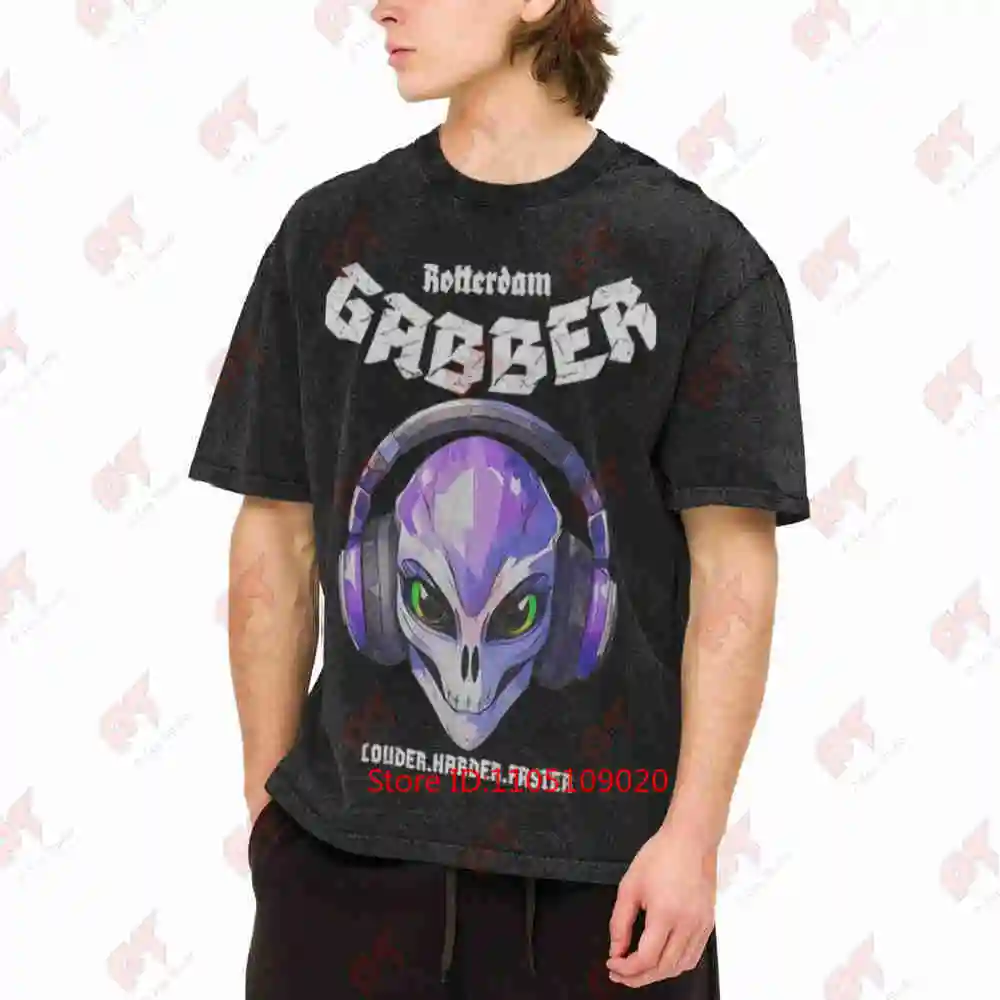 Gabber Rotterdam Alien Head Hardcore Techno Rave DJ Vintage Washed Tee Pure Cotton T-Shirt