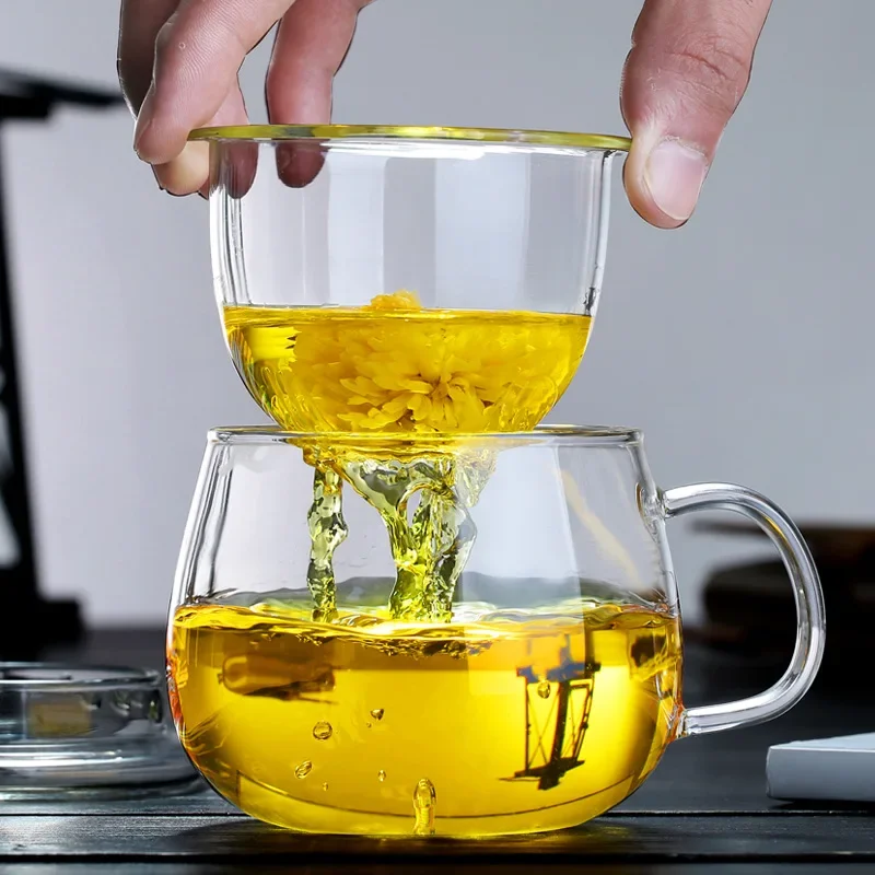 Durable 3in1 Set Creative Classic Clear Mug Heat Resistant Tea Coffee Cup with Tea Infuser Filter Lid for Home Office Drinking