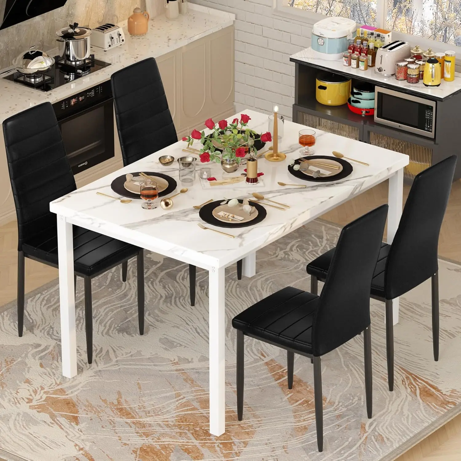 Dining Table Set for 4, 5 Piece Kitchen Table Set with PU Leather Chairs Space-Saving Faux Marble Dining Room Table Set for 4