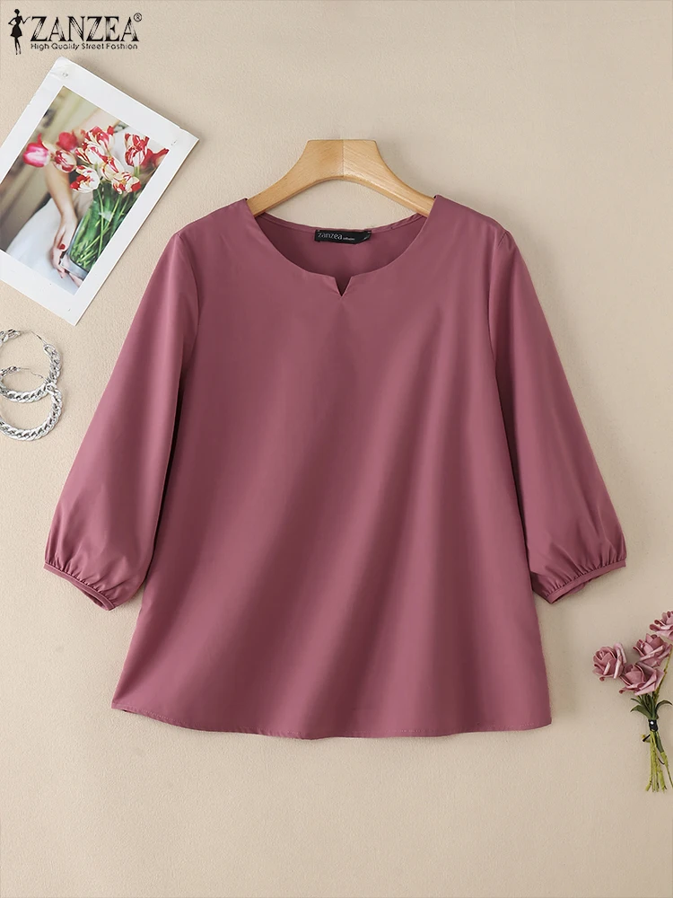 ZANZEA Dojazdy do pracy Codzienne bluzki Jednolity kolor 3/4 Puff Sleeve Plain Women Tunic Tops Loose 2025 Summer Casual Blusas Mujer