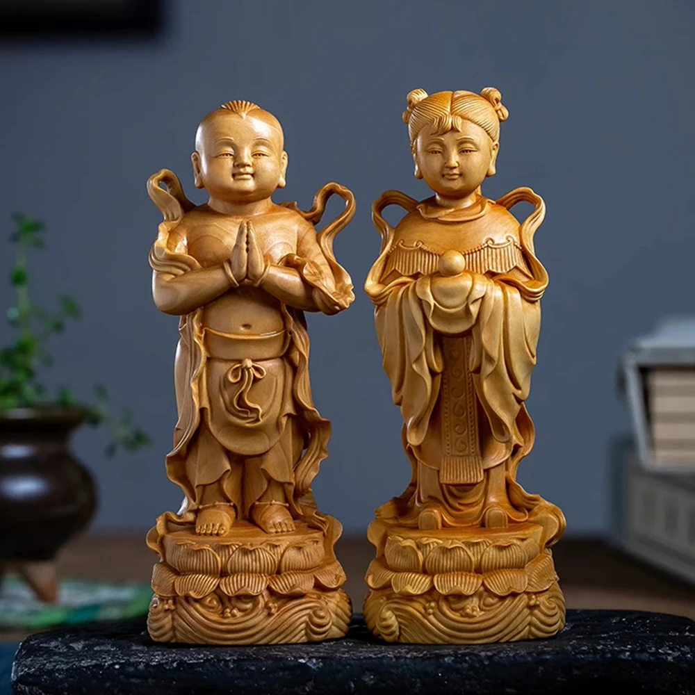 

Wooden Shancai Boy and Dragon Girl Statues - Detailed Boxwood Sculptures for Home Altar, Elegant Living Room Decor