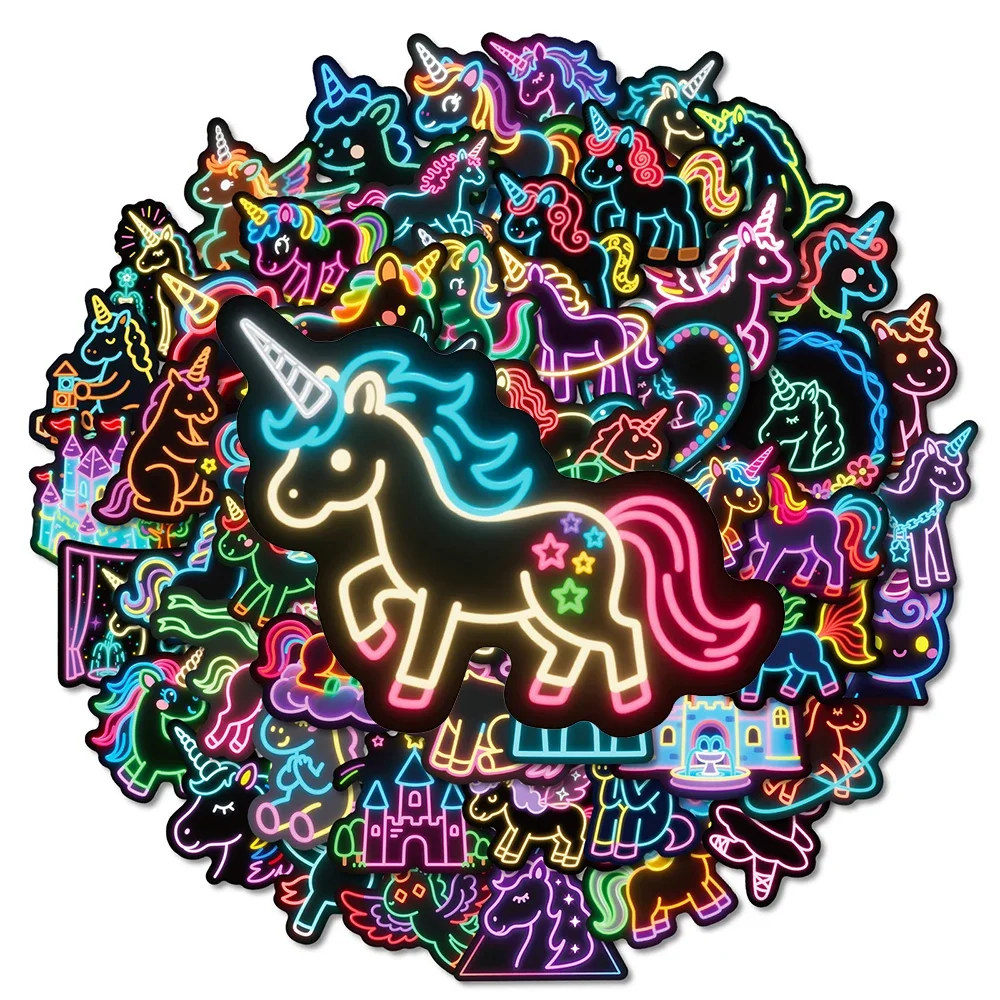 50Pcs Cute Cartoon Unicorn Neon Light Stickers Unicorn DIY Stickers Scrapbooking Phone Luggage Skateboard Waterproof Decals