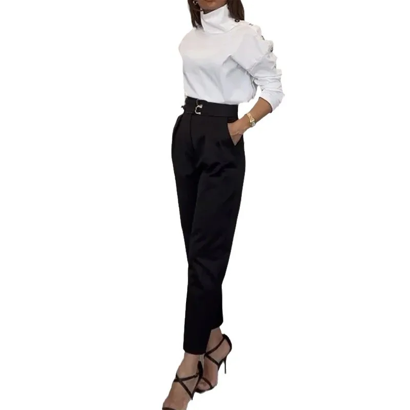 Two Piece Sets Women Oblique Shoulder Pants Set Turtleneck Solid Regular Full Sleeve Slim Fit Long Pant High Waist 2024