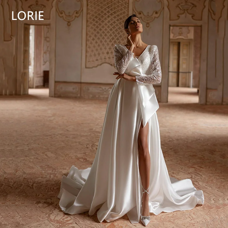 LORIE ساتان لامع على شكل حرف a أنيق مزين فستان الزفاف فتحة جانبية زي العرائس على شكل حرف v بدون ظهر ثوب زفاف مخصص 2025