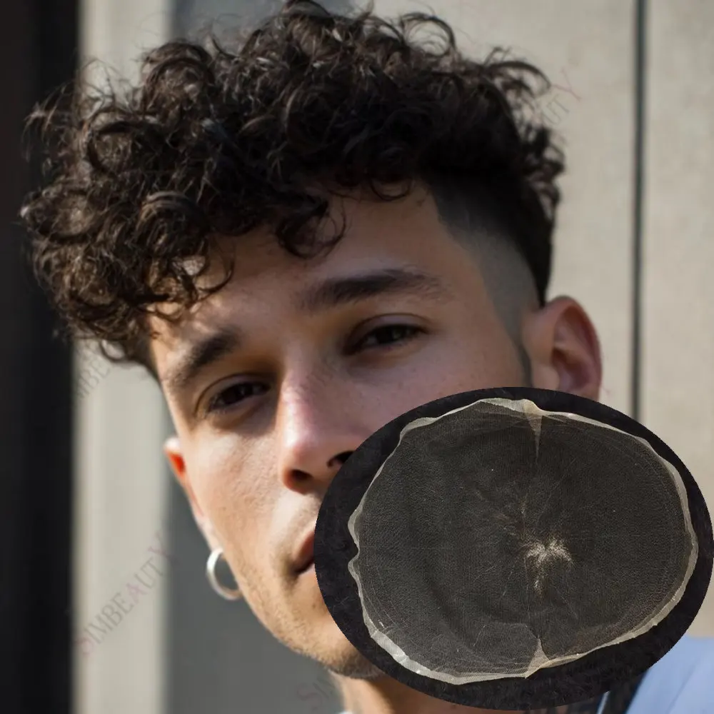 

20mm/24mm Curly Natural Hailine Full Lace Toupee for Men Indian Human Hair Breathable Men's Capillary Prothesis Bleached Knots