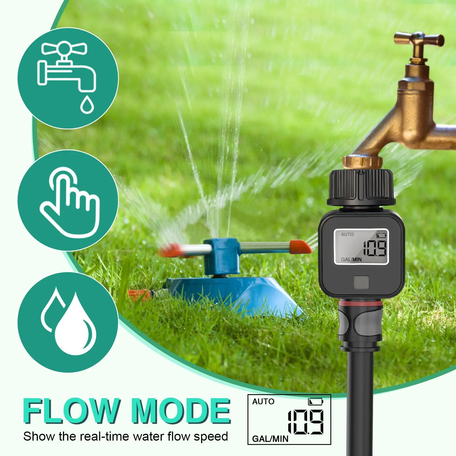 Digital Water Flow Meter High Accuracy IP6X Measure Water Consumption and Flow Rate for Outdoor Garden Watering Irrigation Hose