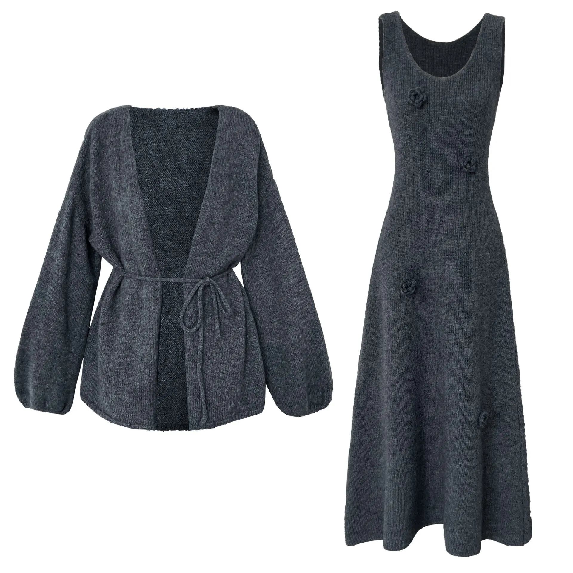 UMI MAO 한국 스타일 가을 겨울 신상 레이지 스타일 베스트 드레스 + 가디건 재킷 여성용 입체 꽃 투피스 세트