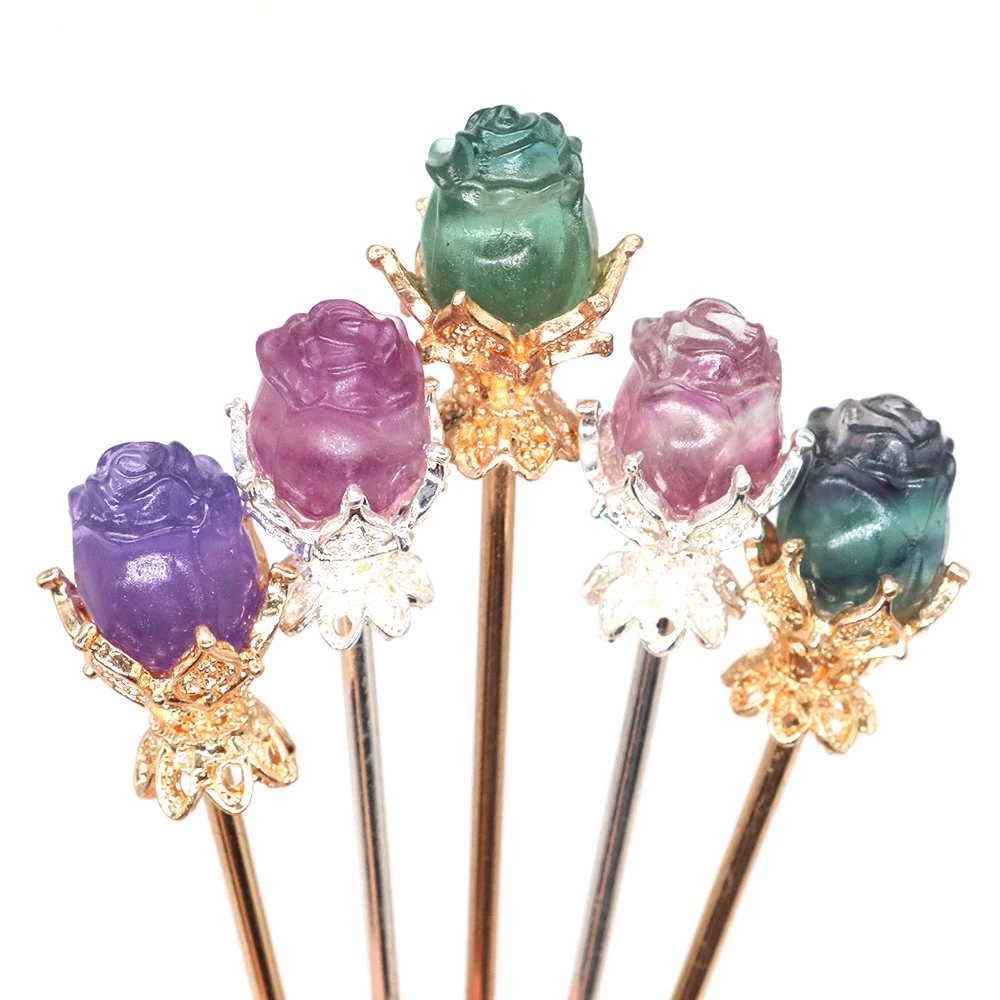 Natural Fluorite Rose Vintage Hair Sticks Hairwear Healing Crystal Flower Carving Hairpin Disk Hairsticks Headdress Jewelry Gift