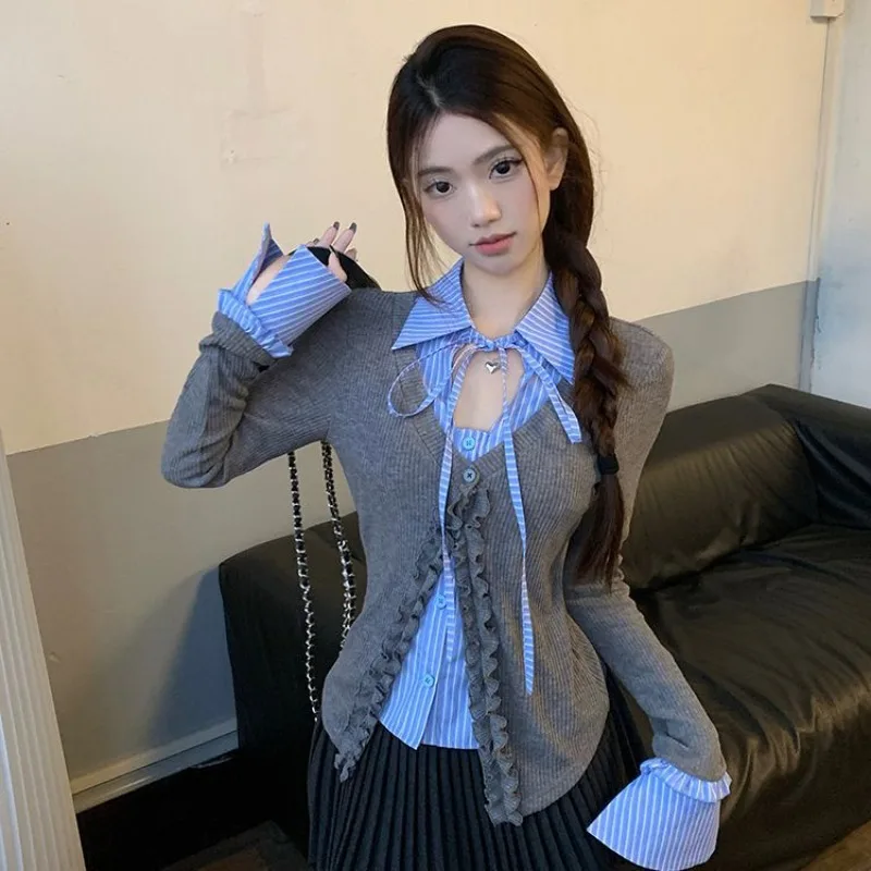 

Женский вязаный кардиган в клетку с грибком в стиле пэчворк на шнуровке и длинными рукавами, осень 2022, облегающие топы из двух предметов Y2k