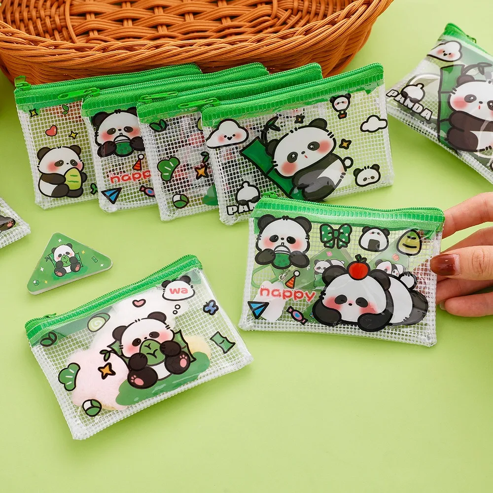 Aesthetic Panda Coin Purse for Earphone Bag Portable Clear PVC Zipper Pouch for Students Cute Cartoon Ins Style