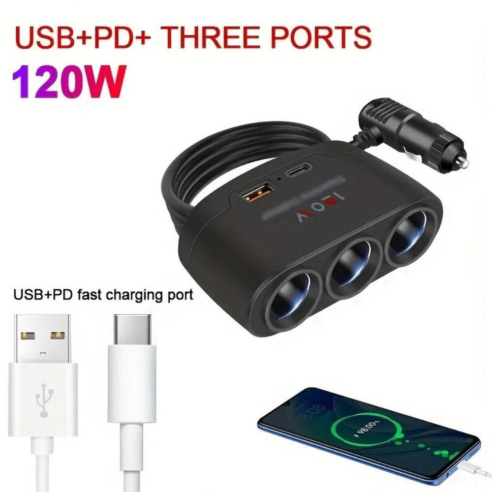 Chargeur de téléphone portable 3 en 1 120W à charge rapide, adaptateur allume-cigare, prise de charge rapide, adaptateur d'alimentation pour voiture, DVR, GPS