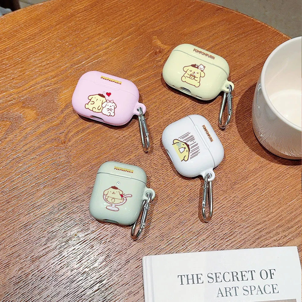 Cute Sanrio PomPomPurin Shockproof Protective Glossy HD Hard PC Earphone Cover Case For AirPods 1 2 3 Pro Pro2 with Metal Hook
