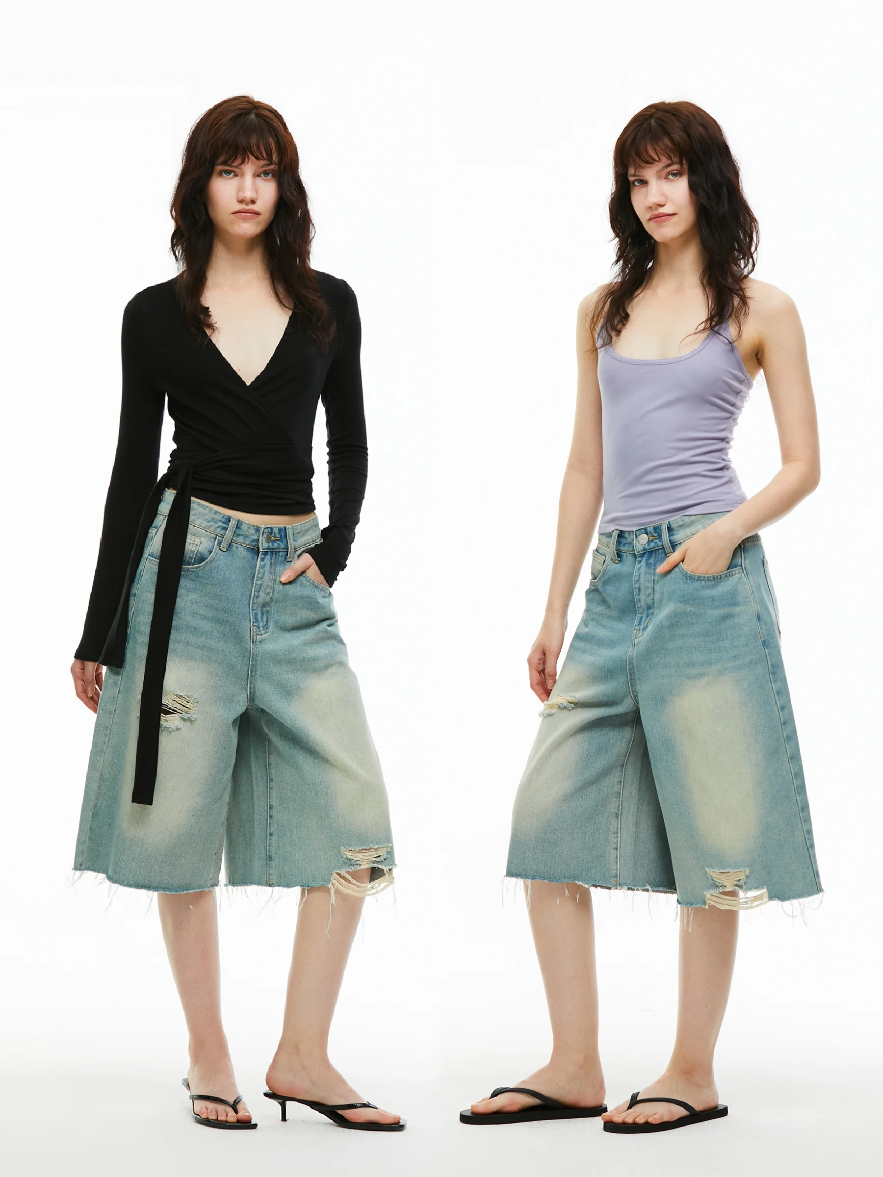 

Retro Washed Distressed Design Mid-length Jeans Shorts Slimming Versatile Five-pocket Denim Shorts Natural Waist Button Closure