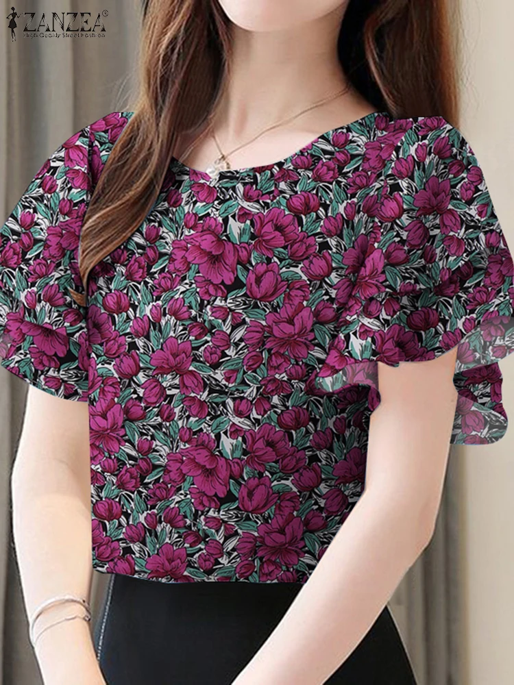 ZANZEA 여름 보헤미안 홀리데이 블라우스 여성 꽃 프린트 탑 우아한 캐주얼 비치 홀리데이 셔츠 O 넥 튜닉 블라우스 오버 사이즈