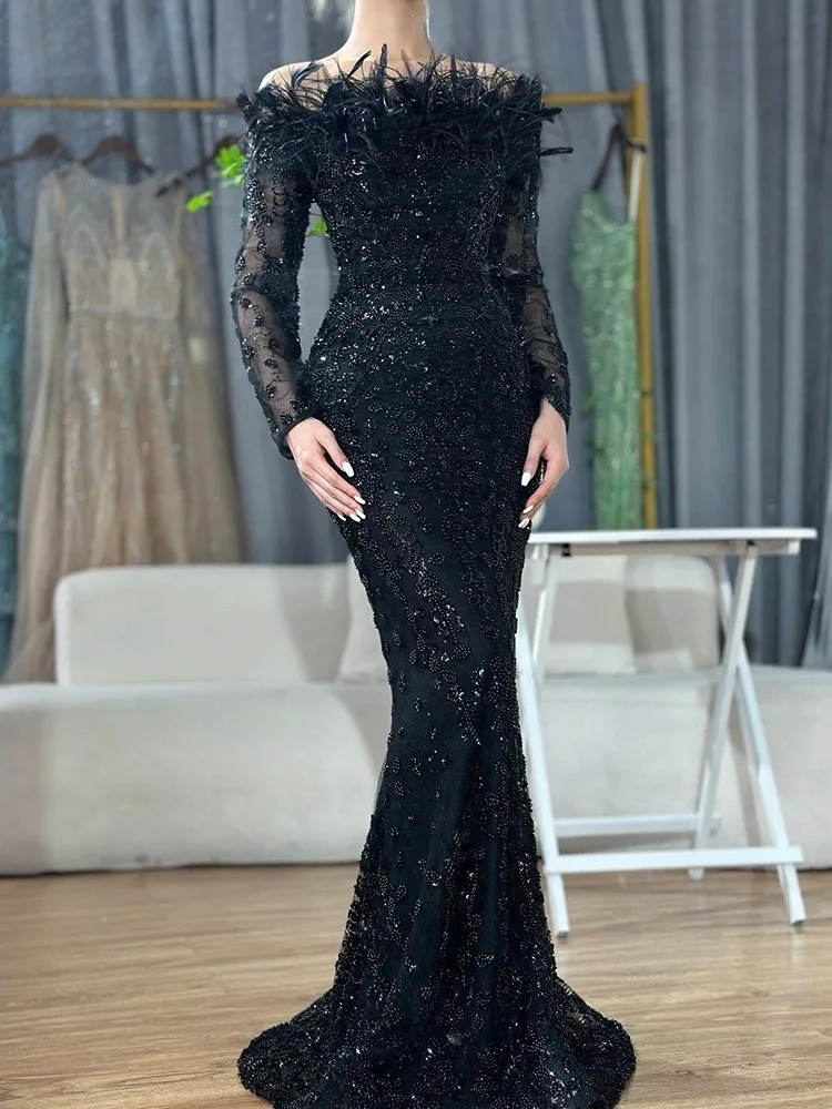 

Сексуальное женское платье с перьями и хвостом на одно плечо с высокой талией и длинным светом, зимнее модное платье 206