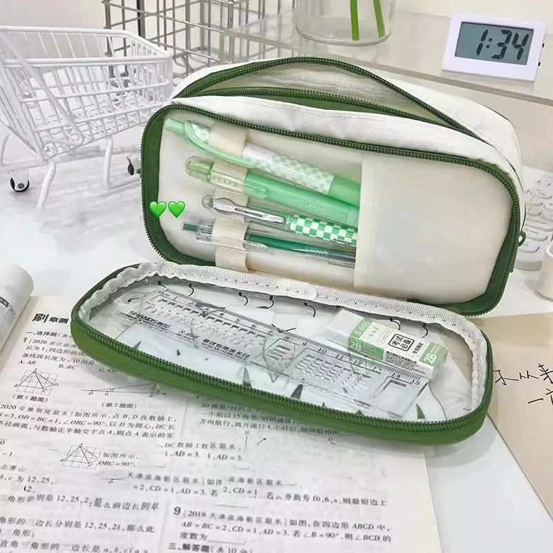 Large Capacity Pencil Bag Lovely Double Layer Vegetable Stationery Bag Kawaii Green Onion Pencil Case