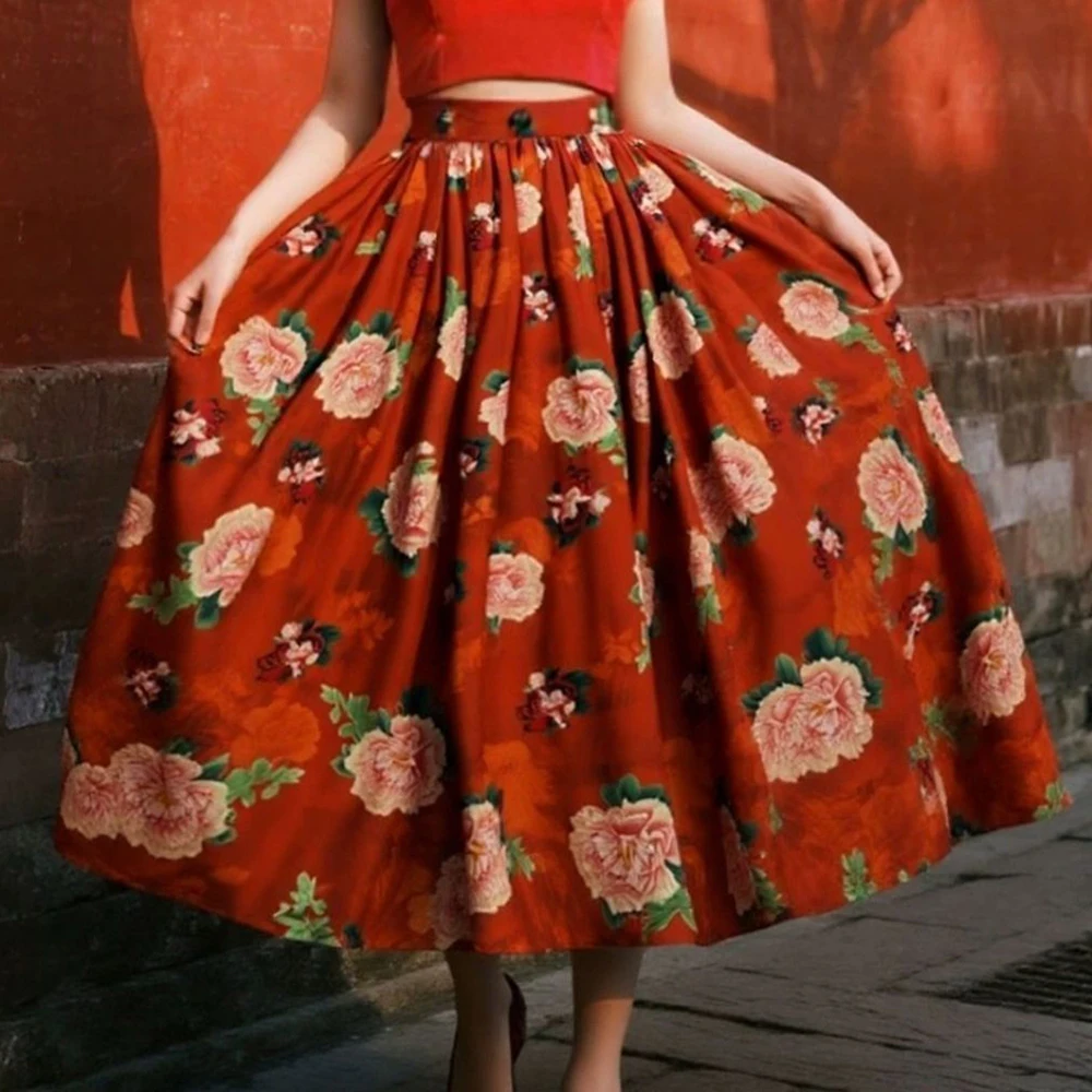 

Original new Chinese printed skirt 2026 new spring and summer high-end medium and long thin umbrella skirt