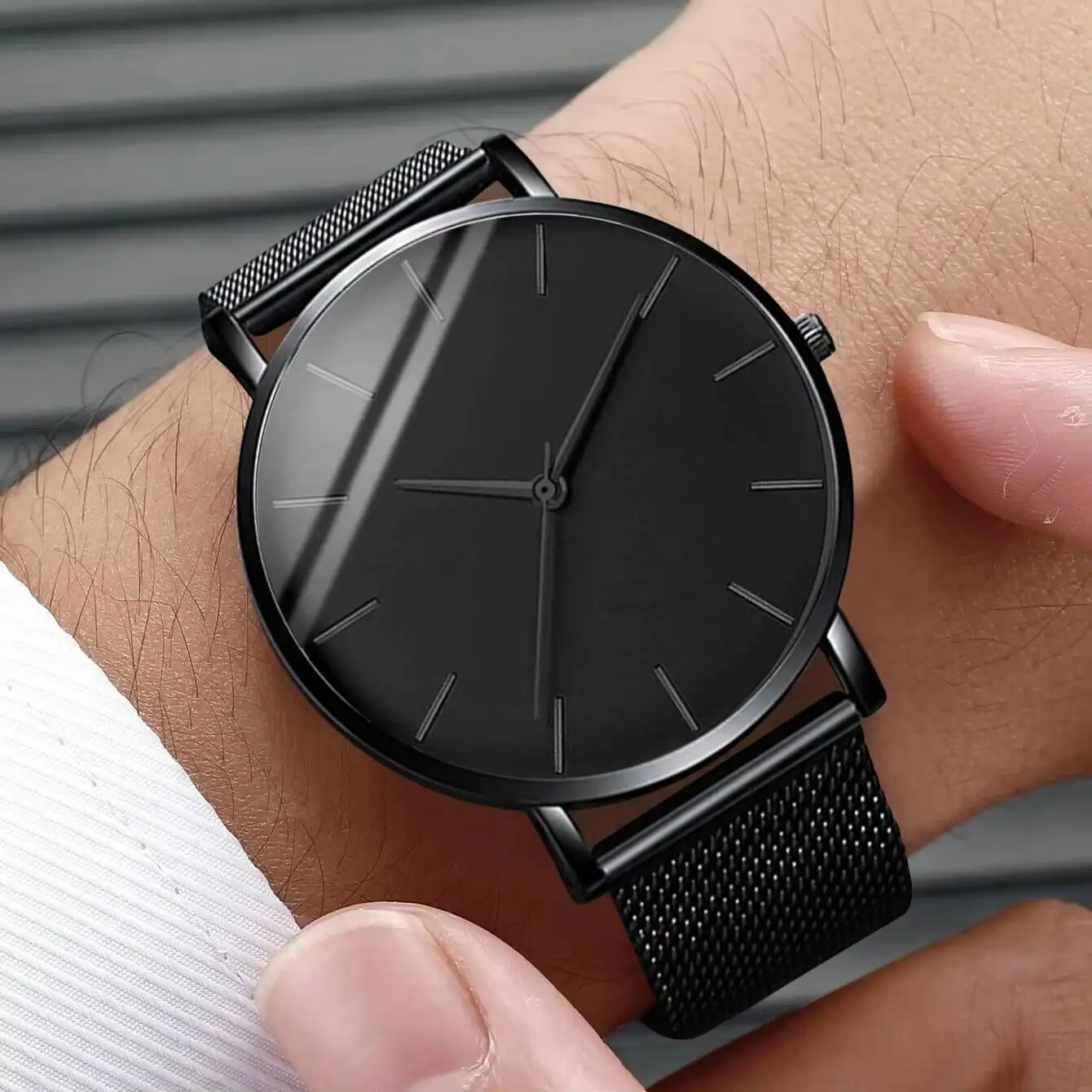 2PCS/Set Men Business Watches Fashion Men's Black Mesh Band Quartz Watch Beads Bracelet Set Reloj Hombre（Without Box）