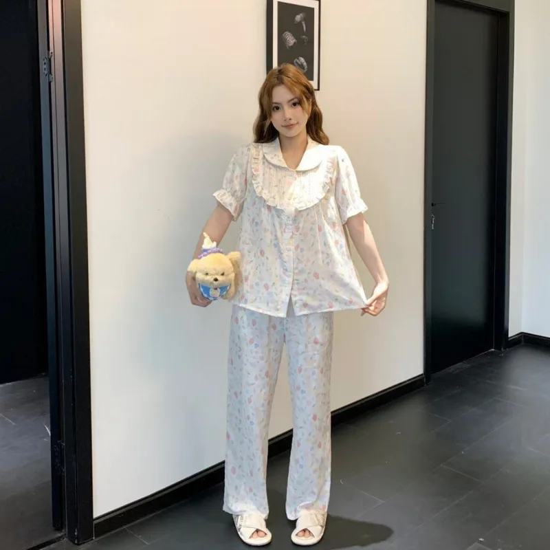 26 Summer Autumn New Pure Cotton Double-Layer Gauze Pajamas Girl Women, Short-Sleeve Pants Sweet Lace Nightwear Sleepwear