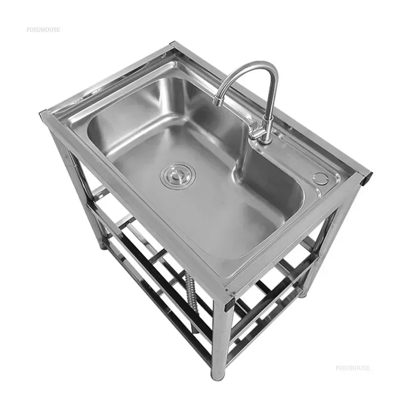 Thickened Stainless Steel Sinks for Kitchen Commercial Floor-standing Kitchen Sinks with Bracket Home Outdoor Dishwashing Sink