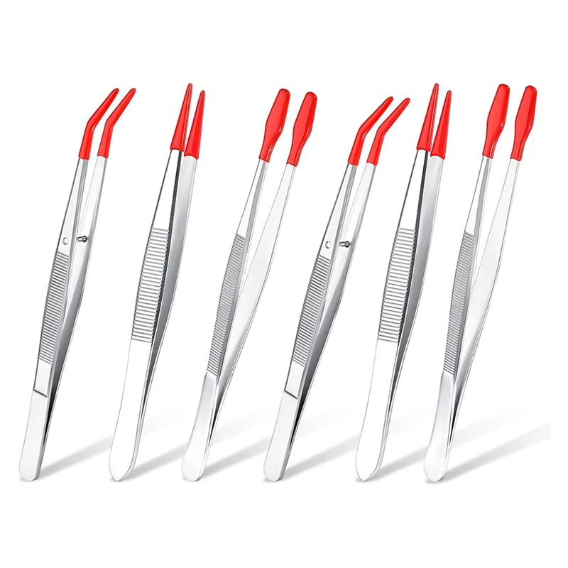 

6Pcs Tweezers With Rubber Tips Set Soft PVC Rubber Coated Tips Bent And Straight Flat Tip Precision Bent Long Tweezers