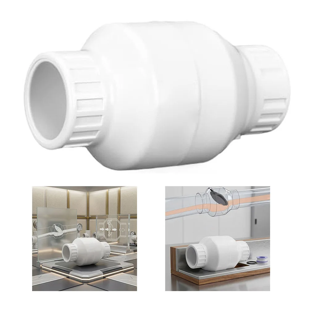 1 Inch PVC Silent Check Valve White Baffle Type Non Spring Backflow Preventer For Water Systems Reduces Water Hammer Noise