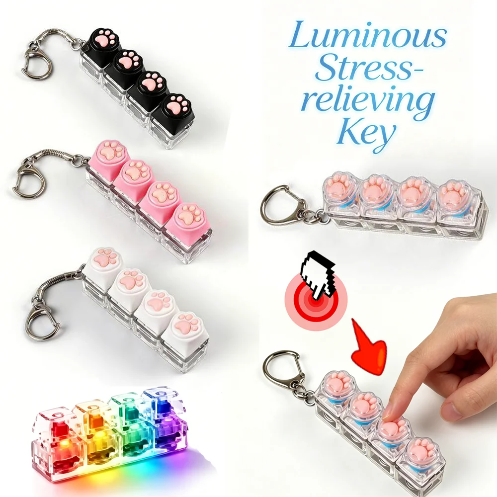 

New Luminous Keyboard Cat Paw Cute Style Decompression Fingertip Keychain 4-In-1 Decompression Button Decompression Toy Gift