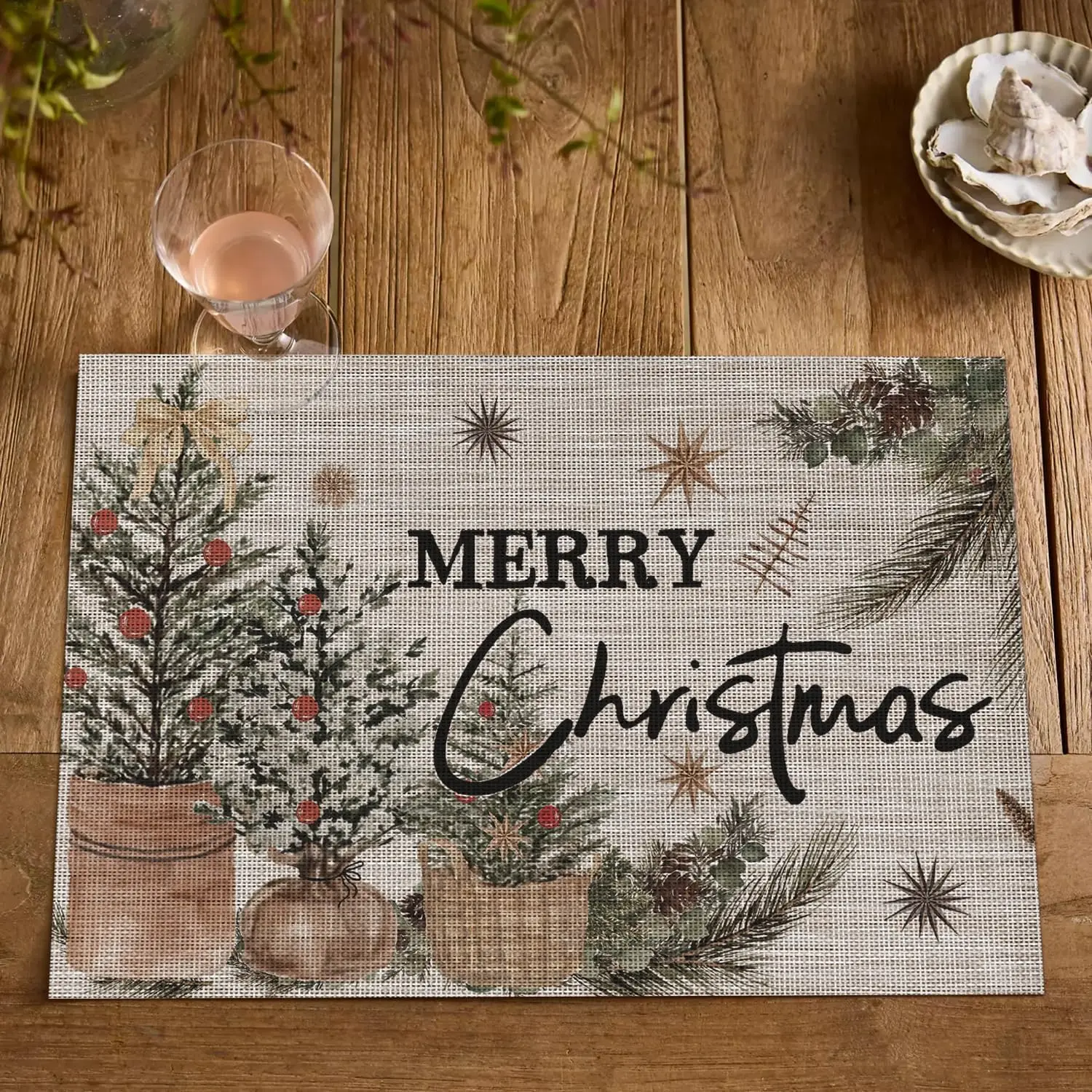 أشجار عيد الميلاد هولي الصنوبر المخروط الفينيل عيد الميلاد المفارش مجموعة من 4 قابل للغسل البلاستيك عدم الانزلاق المنسوجة الشتاء الجدول الحصير للحزب المطبخ #6