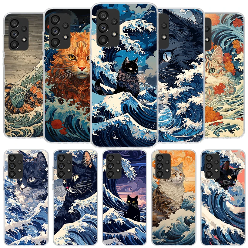 Anime Cat Sea Wave Aesthetic Phone Case For Samsung A15 A25 A35 A55 A14 A24 A34 A54 A13 A23 A33 A53 A12 A52 A32 A22 A42 A05S A04