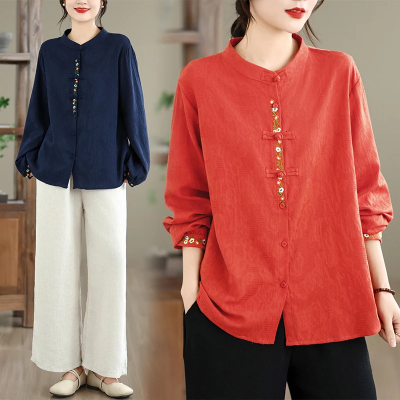 

Loose Long Sleeve Women's Shirt Spring Autumn New Fashion Ethnic Style Pure Color Chinese Traditional Design Cotton Casual Top