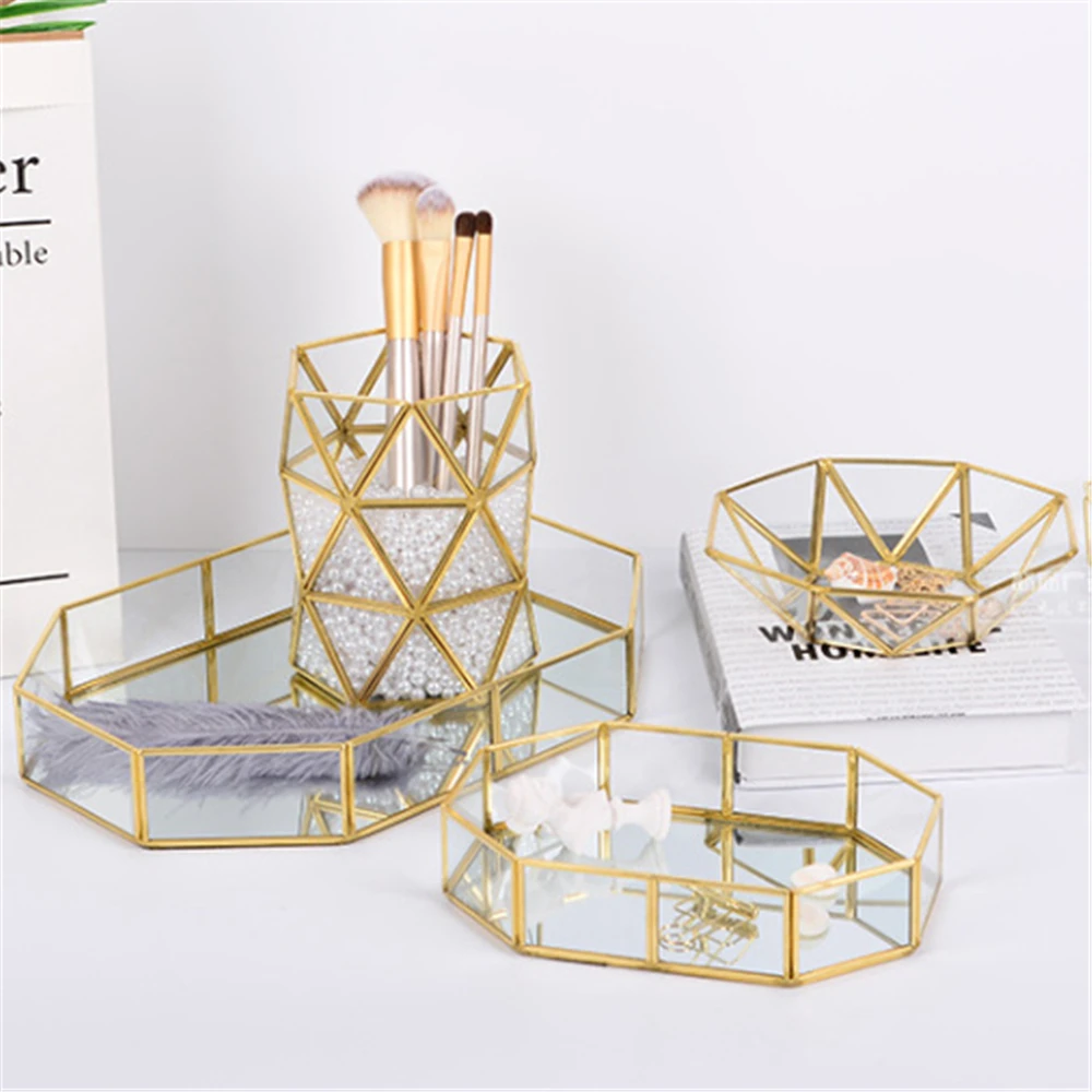 Luxury Glass Storage Tray Gold Tray Jewelry Cosmetic Organizer Box Decoration Retro Copper Case Makeup Box Northern Europe