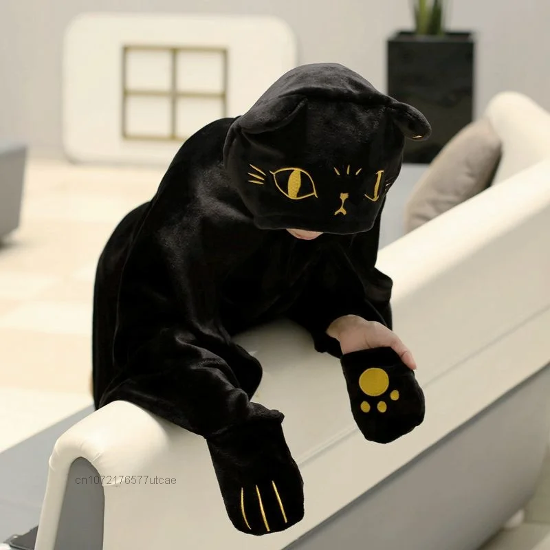 Medieval Egyptian Style Cool Black Cartoon Cat Halloween Plush Cloak for Women Y2k Blanket Shawl with Gloves Hooded Home Ponchos