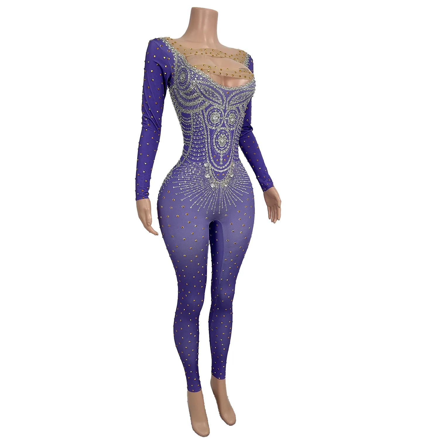 Shining Silver Rhinestone Jumpsuit Skin Tone Patchwork Mesh Hollow Top Halloween Christmas Theme Dance Party Dress zijin