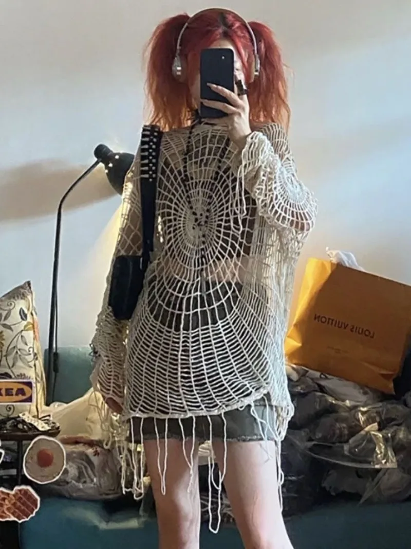 Hollow Knit Hooded Top Y2k Clothes Spider Web Spice Girl Mesh Pullovers Thin Women Korean Fashion Fishing Net Sweaters Gothic