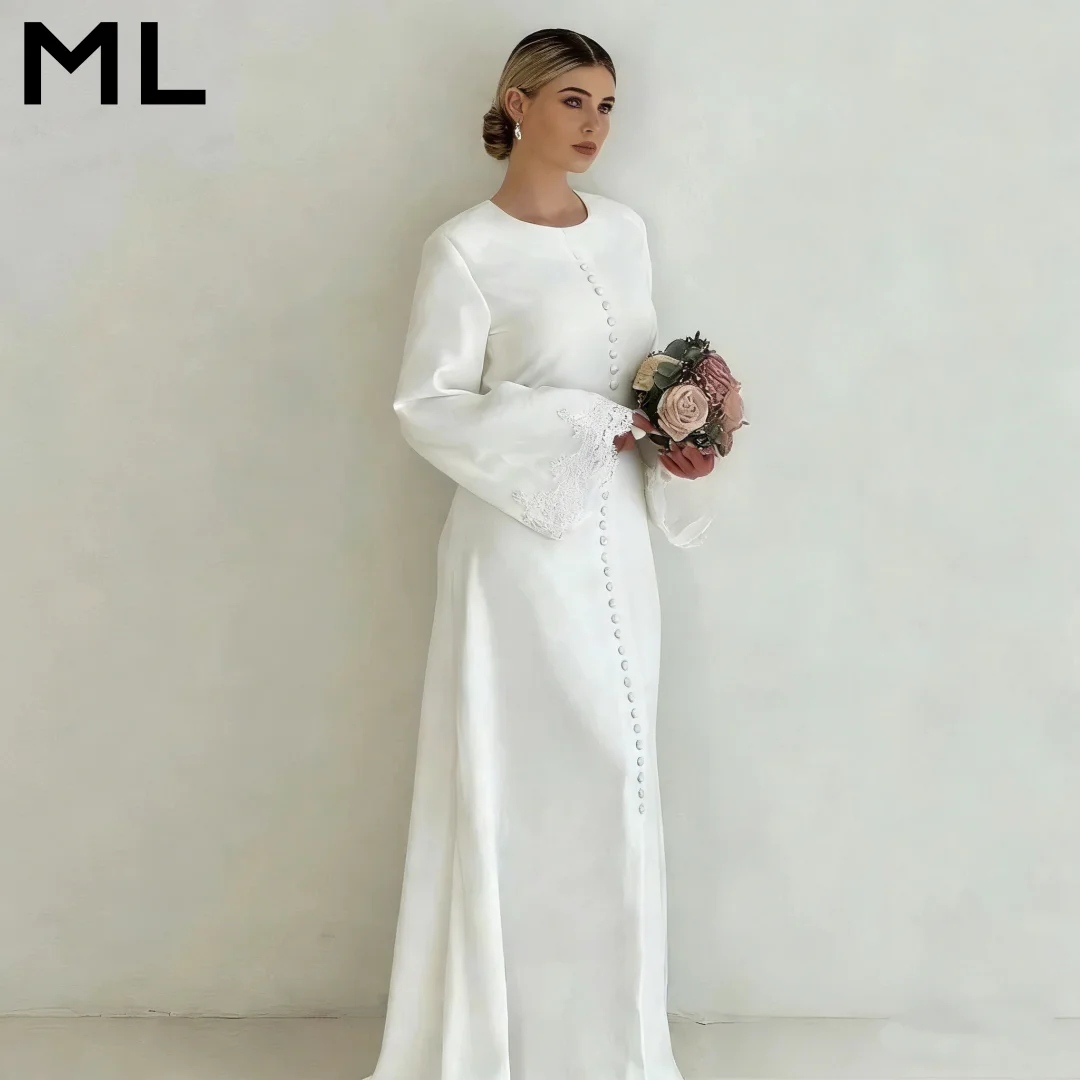 

ML Elegant O-Neck Muslim Wedding Dresses Button Floor-Length Long Sleeves Arabic Kuwait Formal Bridal Gowns Customized 2026