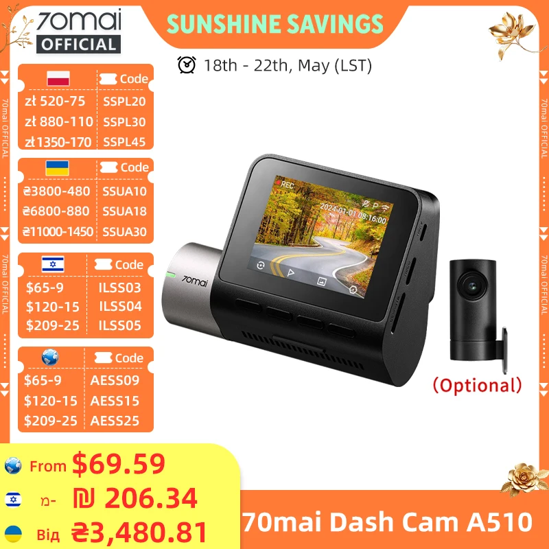 

Global Version New 70mai Dash Cam A510 1944P 3K Image HDR GPS ADAS 140FOV 24H Parking 70mai 4G Car DVR A510 Support Rear Cam