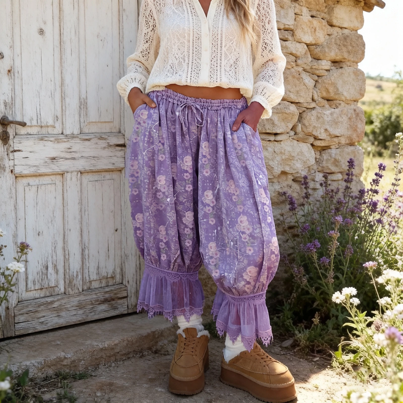 Chic Women Floral Capris Bloomers with Lace Trim Elastic Waist Drawstring Ankle Length Lantern Pants for Summer Spring
