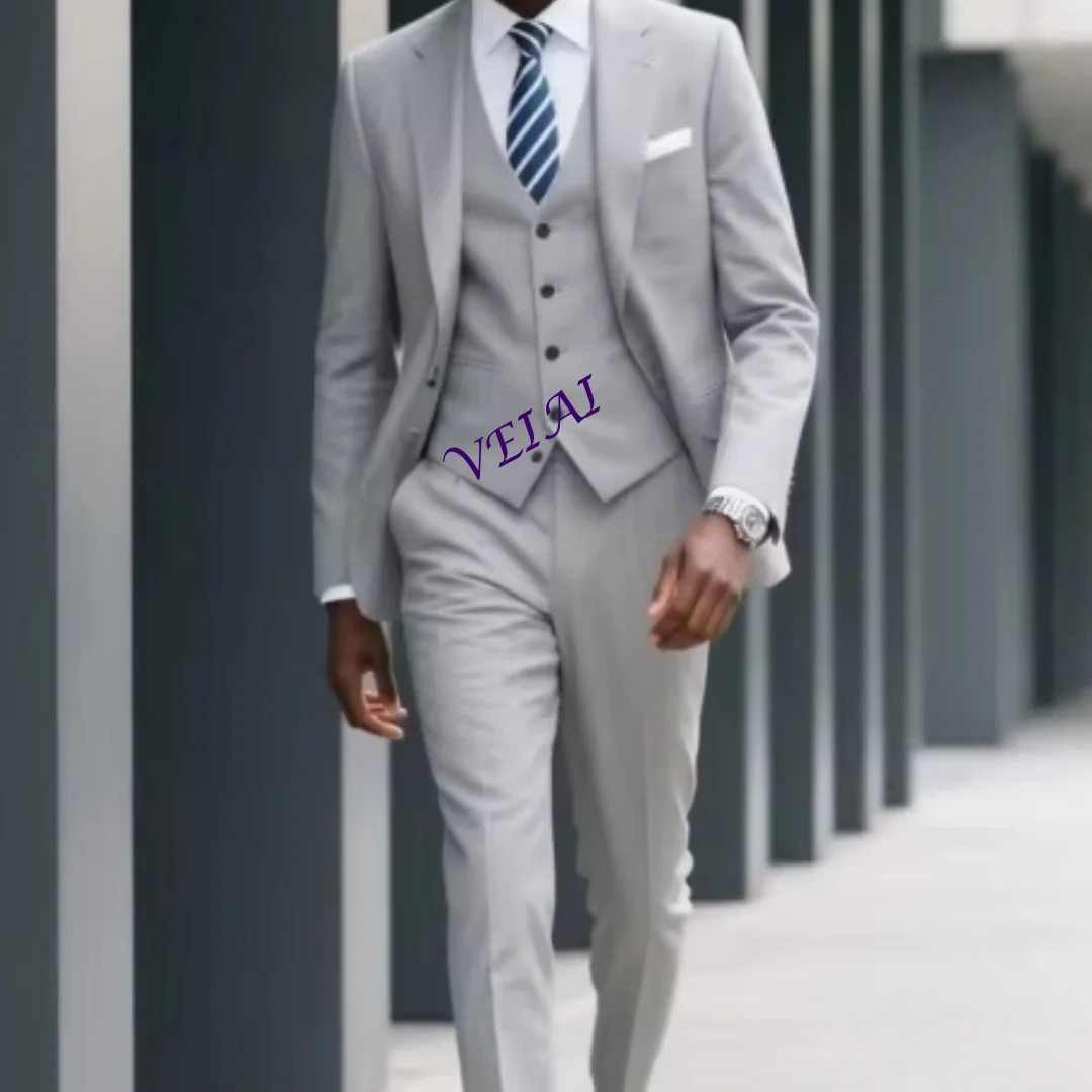 3PCS Men's Solid-Color Single-Breasted Suit Set Customized Fashionable Wedding Business Jacket Vest Combination