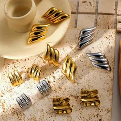 Gold Plated Smooth Stainless Steel Wing Shape Chunky Earrings for Women Trendy Multilayer Striped Textured Jewelry Party Gifts