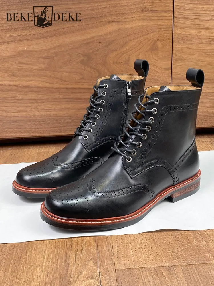 British Style Mens Brogue High Toe Shoes Vintage Genuine Leather Chelsea Boots Lace Up Autumn Winter Work Shoes Ankle Boots Men