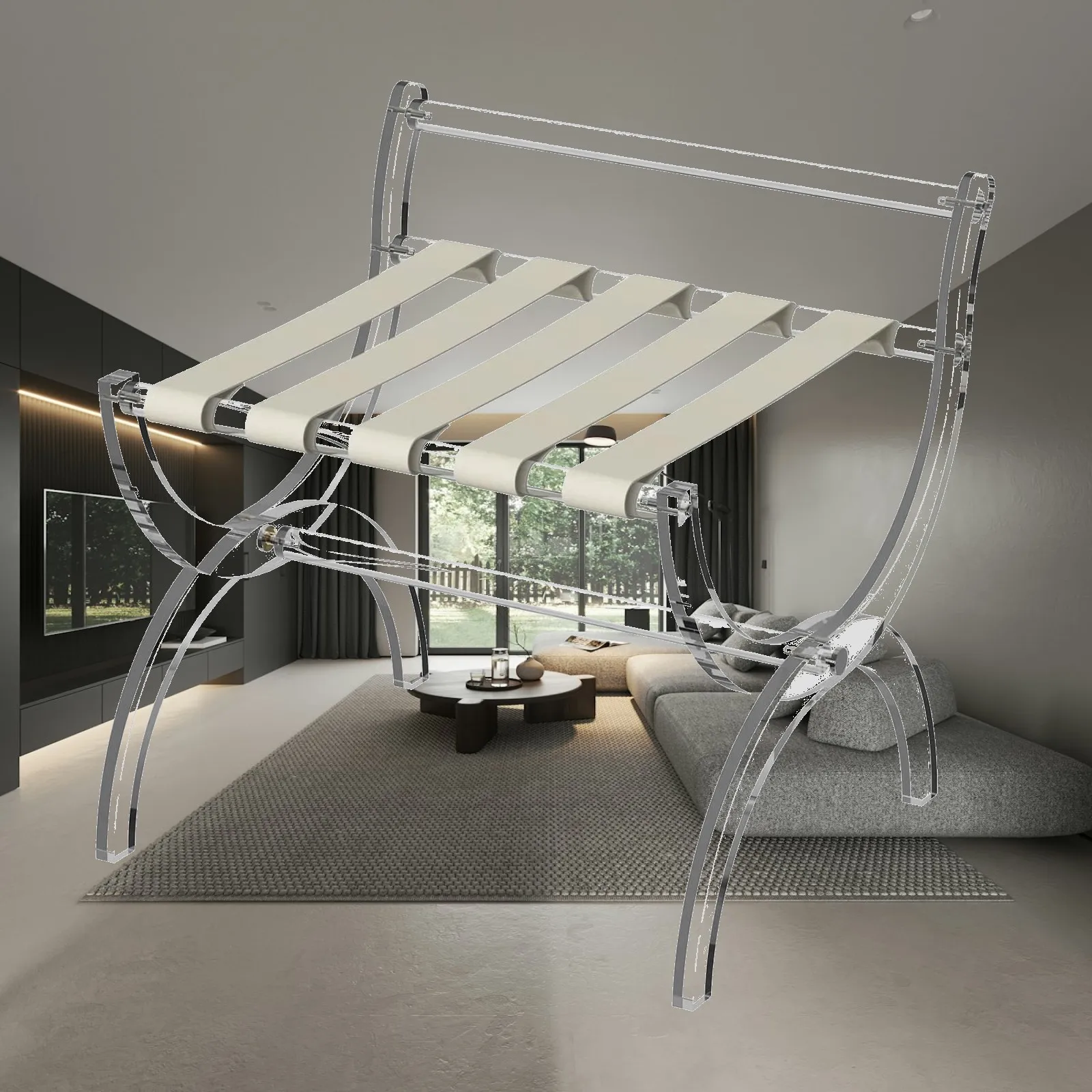 Acrylic Folding Luggage Rack S Shaped Frame with Leather Straps for Hotel Suitcase Tray